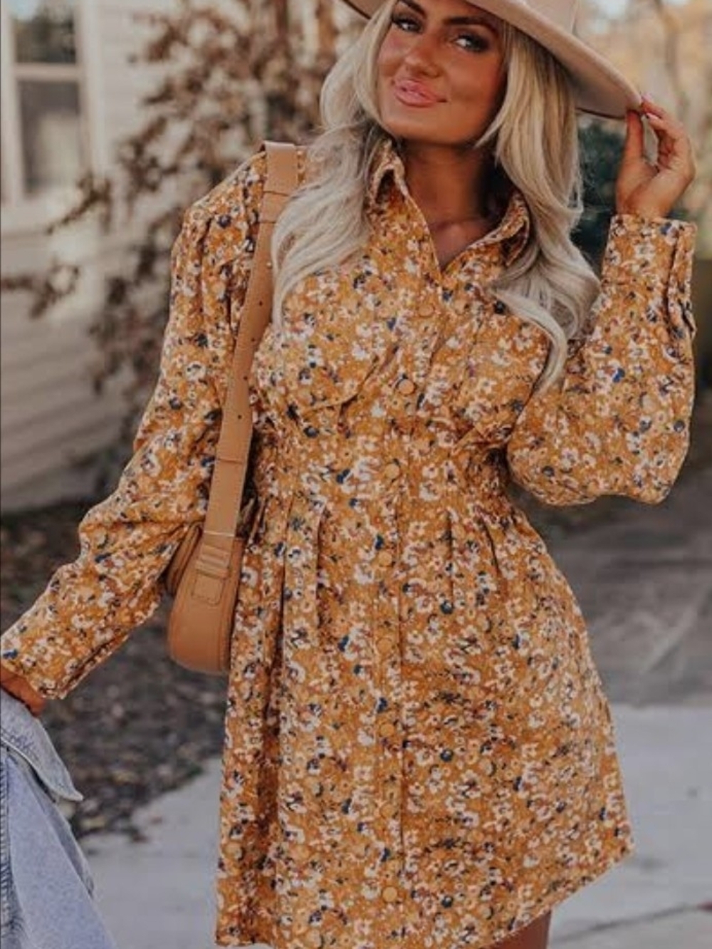 Fate Curve Corduroy Floral Long Sleeves Snap Front Mini Dress Pleated Stetchy 1X
